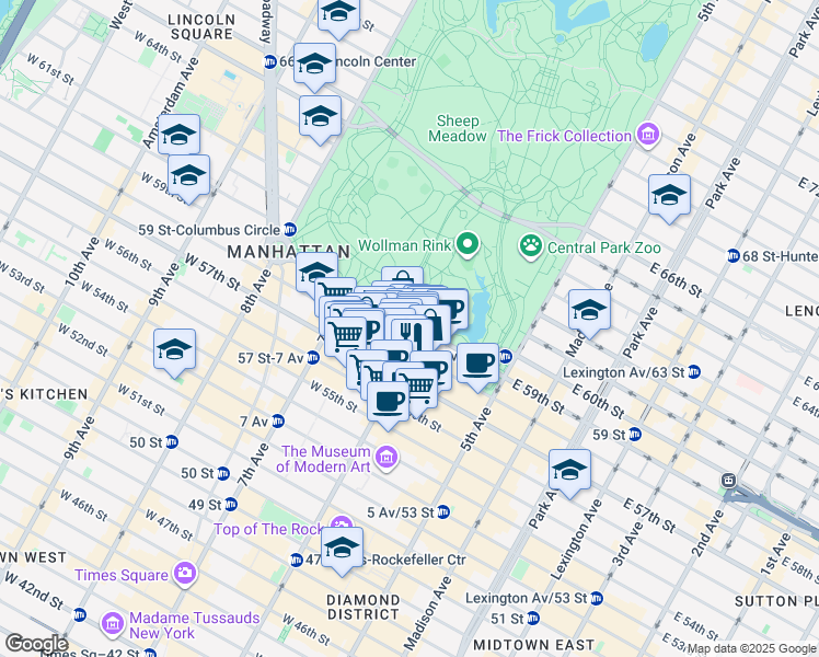 map of restaurants, bars, coffee shops, grocery stores, and more near 105 West 58th Street in New York