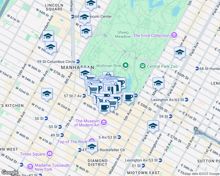map of restaurants, bars, coffee shops, grocery stores, and more near 106 Central Park South in New York