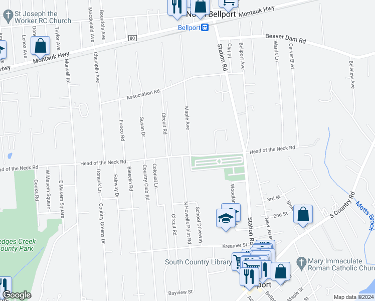 map of restaurants, bars, coffee shops, grocery stores, and more near 2 Howell's Point Road in Bellport