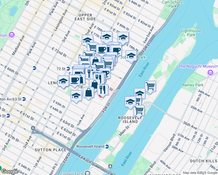 map of restaurants, bars, coffee shops, grocery stores, and more near 518 East 71st Street in New York