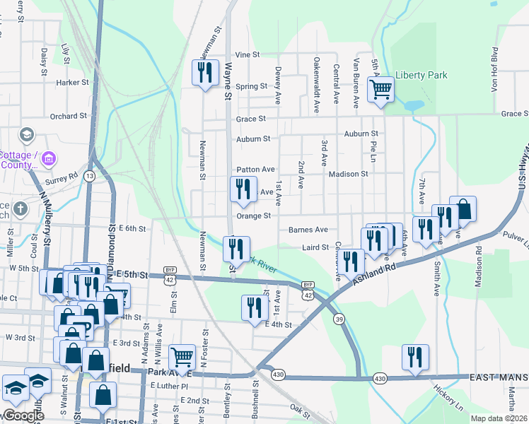 map of restaurants, bars, coffee shops, grocery stores, and more near 301 Orange Street in Mansfield