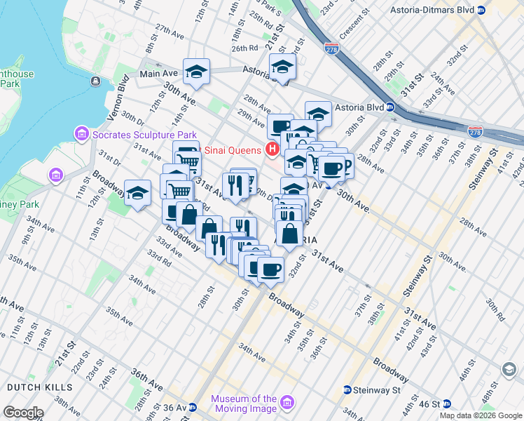 map of restaurants, bars, coffee shops, grocery stores, and more near in Queens