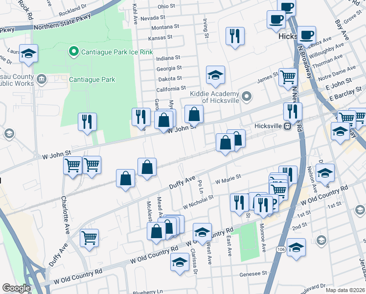 map of restaurants, bars, coffee shops, grocery stores, and more near 31 Hicksville Avenue in Hicksville