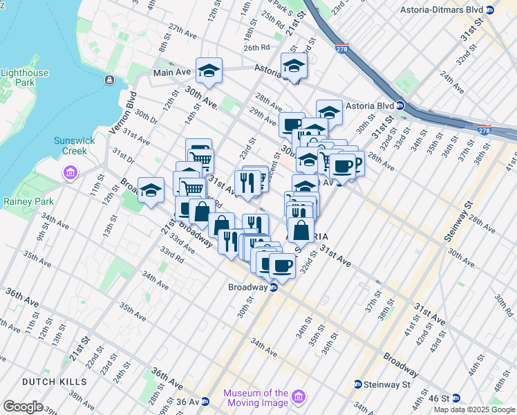 map of restaurants, bars, coffee shops, grocery stores, and more near in Queens