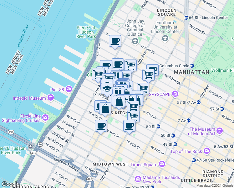 map of restaurants, bars, coffee shops, grocery stores, and more near 505 West 51st Street in New York