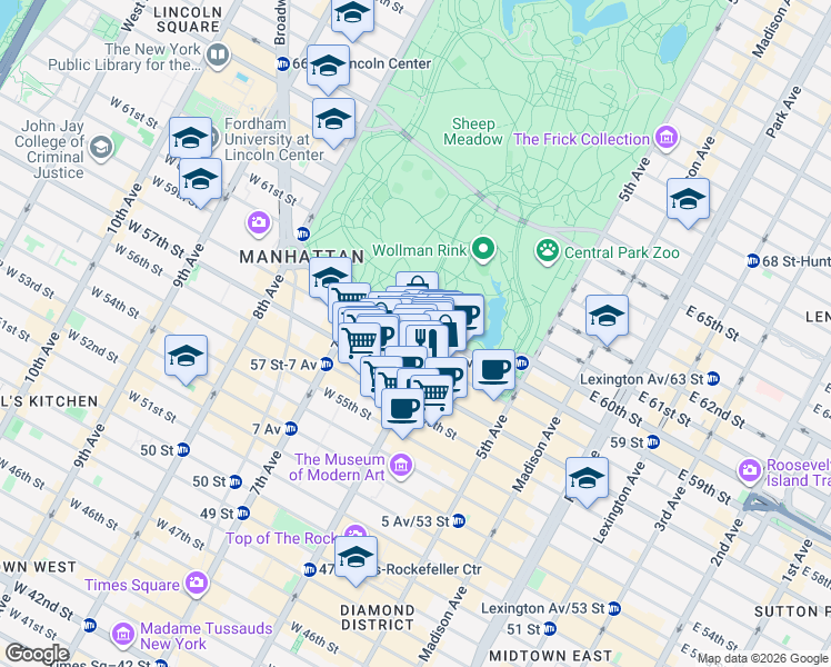 map of restaurants, bars, coffee shops, grocery stores, and more near in New York