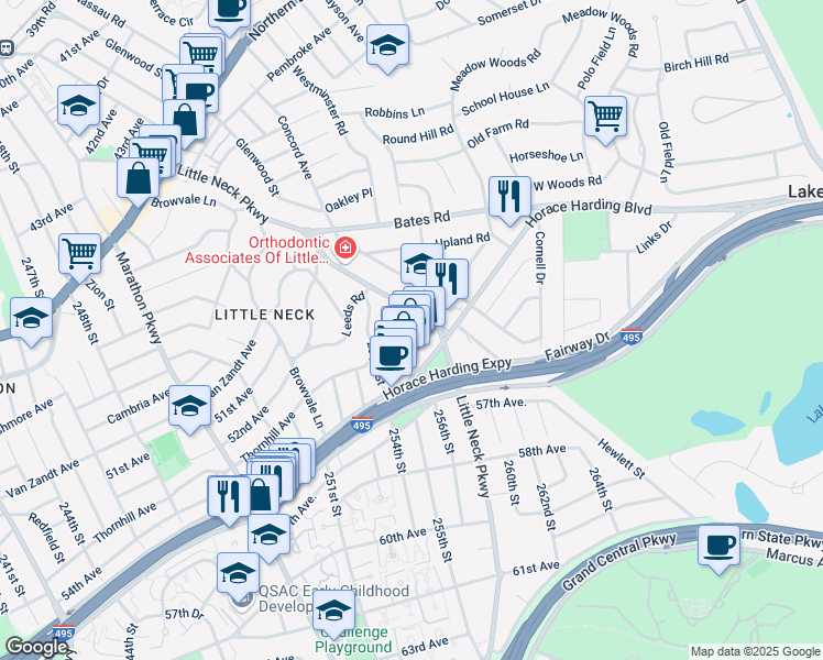 map of restaurants, bars, coffee shops, grocery stores, and more near 53-53 254th Street in Queens