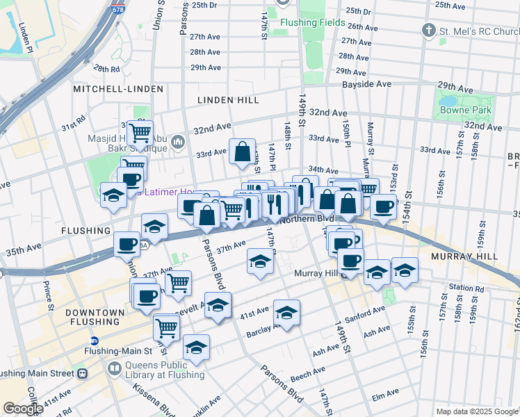 map of restaurants, bars, coffee shops, grocery stores, and more near 146-25 Northern Boulevard in Queens