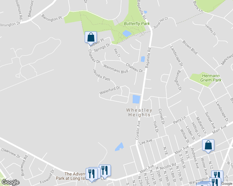 map of restaurants, bars, coffee shops, grocery stores, and more near 7 Fairhaven Drive in Wheatley Heights