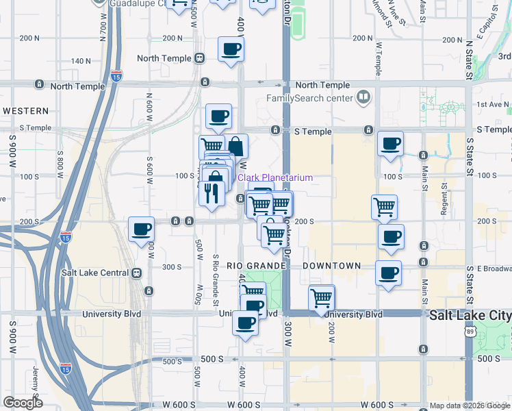map of restaurants, bars, coffee shops, grocery stores, and more near 160 South 300 West in Salt Lake City
