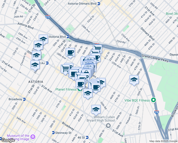 map of restaurants, bars, coffee shops, grocery stores, and more near 25-96 Steinway Street in Queens