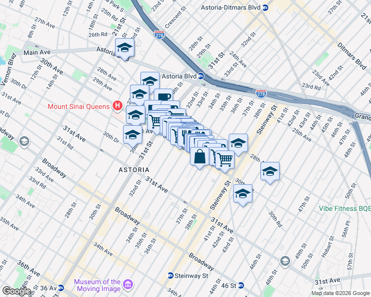 map of restaurants, bars, coffee shops, grocery stores, and more near 30th Ave & 34th St in Queens