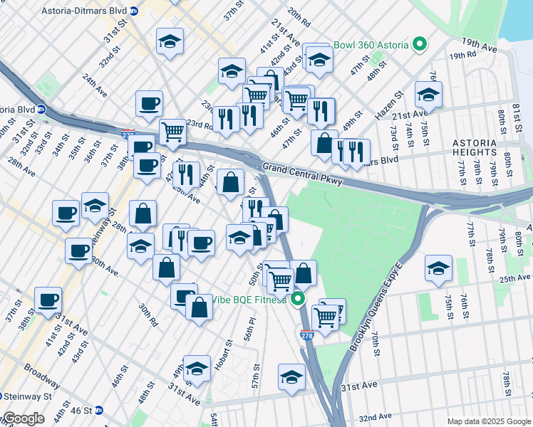 map of restaurants, bars, coffee shops, grocery stores, and more near 24-30 Brooklyn Queens Expressway West in Queens