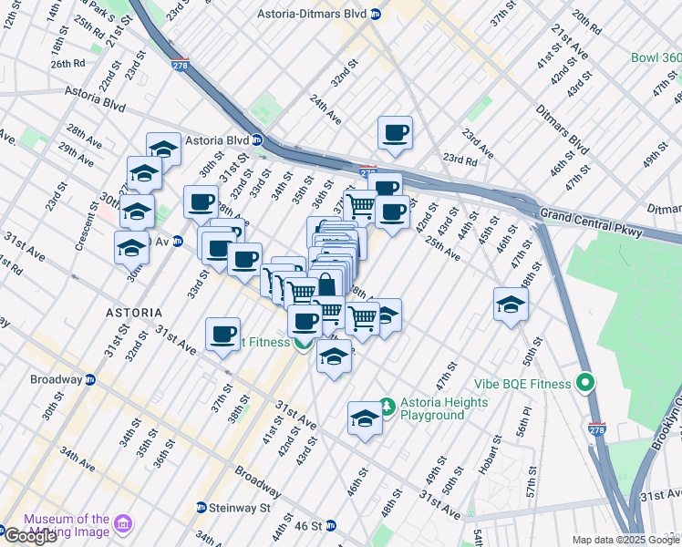 map of restaurants, bars, coffee shops, grocery stores, and more near in Queens