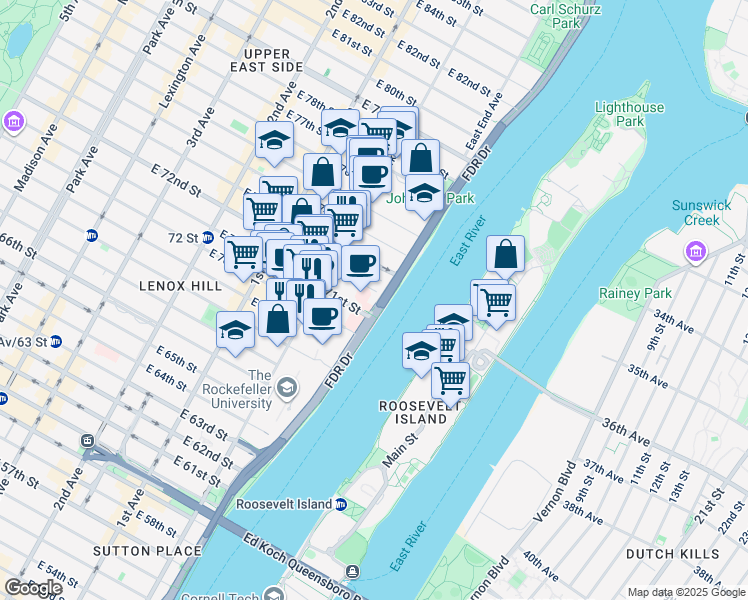 map of restaurants, bars, coffee shops, grocery stores, and more near 530 East 72nd Street in New York