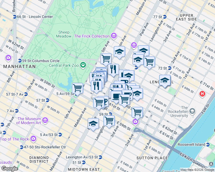 map of restaurants, bars, coffee shops, grocery stores, and more near in New York