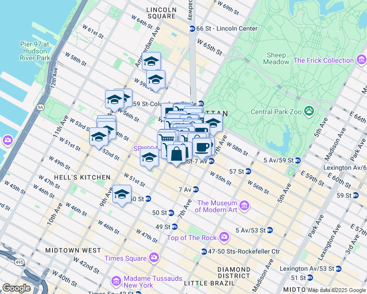 map of restaurants, bars, coffee shops, grocery stores, and more near 244 West 56th Street in New York