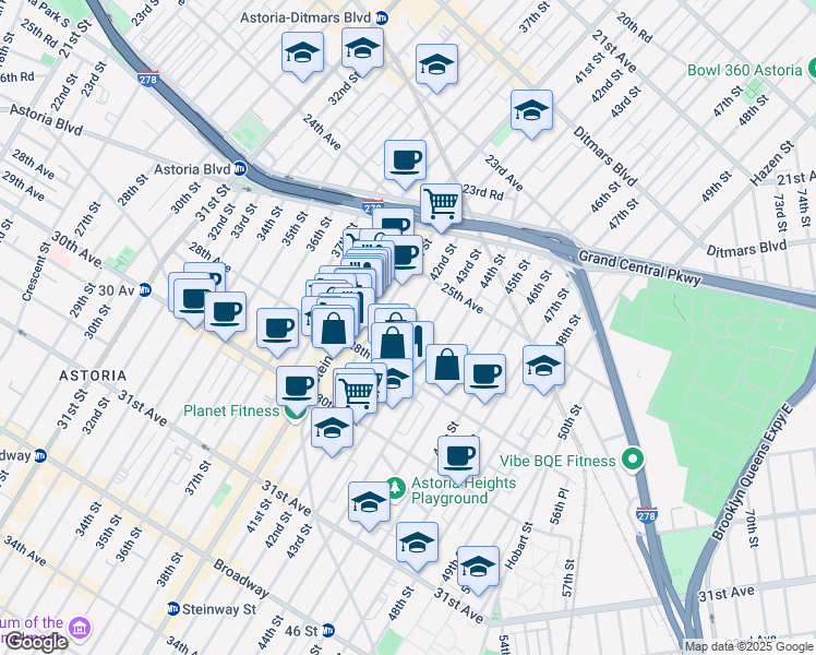 map of restaurants, bars, coffee shops, grocery stores, and more near 25-63 42nd Street in Queens
