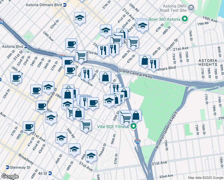 map of restaurants, bars, coffee shops, grocery stores, and more near 23-86 48th Street in Queens