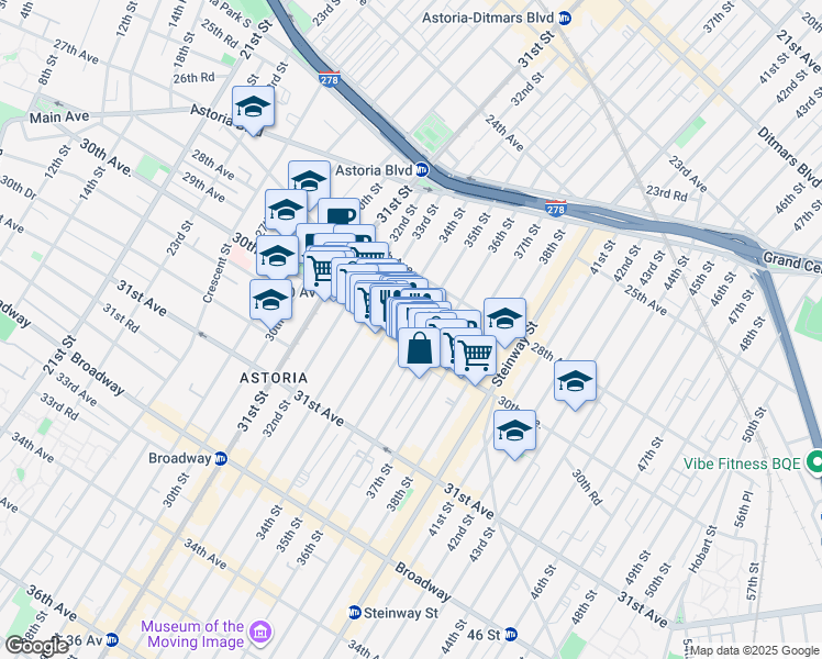 map of restaurants, bars, coffee shops, grocery stores, and more near 34-14 30th Avenue in Queens
