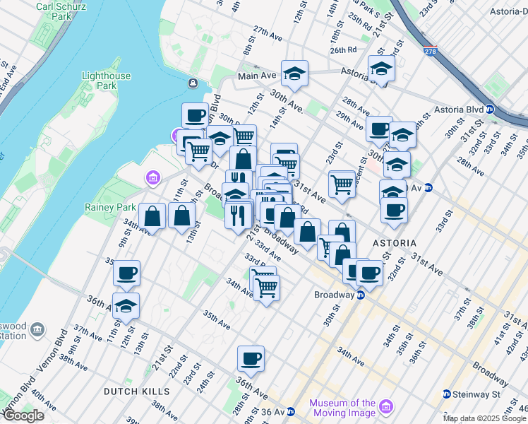 map of restaurants, bars, coffee shops, grocery stores, and more near 31-64 21st Street in Queens