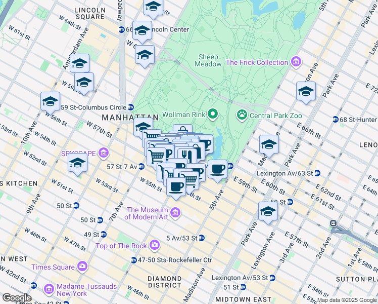 map of restaurants, bars, coffee shops, grocery stores, and more near 102 Central Park South in New York