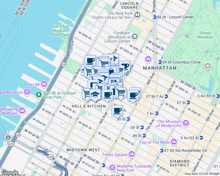 map of restaurants, bars, coffee shops, grocery stores, and more near 410 West 53rd Street in New York