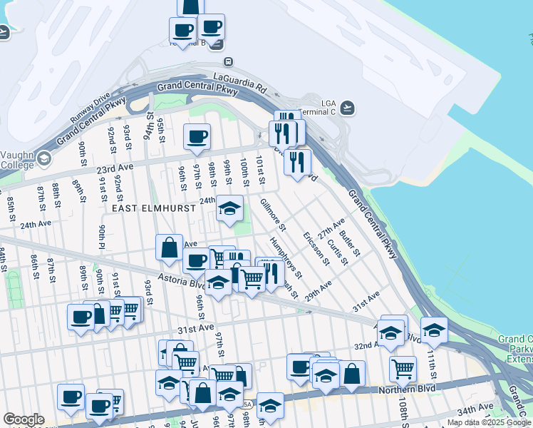 map of restaurants, bars, coffee shops, grocery stores, and more near in Queens