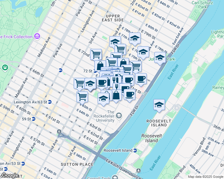 map of restaurants, bars, coffee shops, grocery stores, and more near 423 East 69th Street in New York