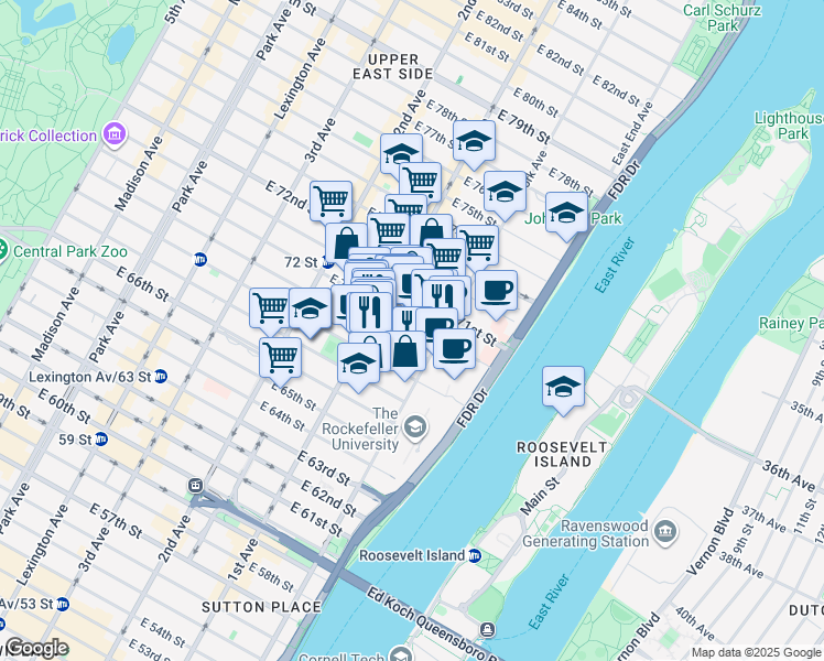 map of restaurants, bars, coffee shops, grocery stores, and more near 424 East 70th Street in New York