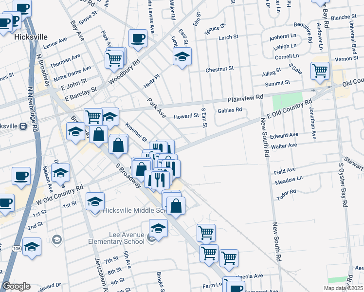 map of restaurants, bars, coffee shops, grocery stores, and more near 175 East Old Country Road in Hicksville
