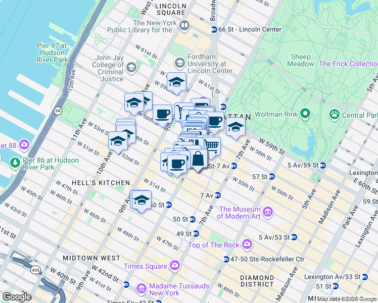 map of restaurants, bars, coffee shops, grocery stores, and more near 321 West 55th Street in New York