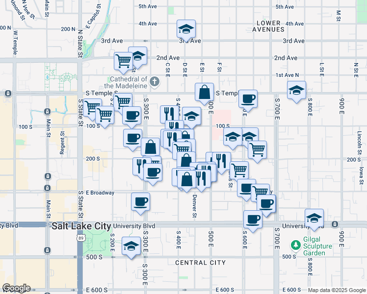 map of restaurants, bars, coffee shops, grocery stores, and more near 165 South 400 East in Salt Lake City
