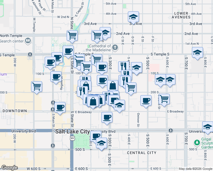 map of restaurants, bars, coffee shops, grocery stores, and more near 257 East 200 South in Salt Lake City