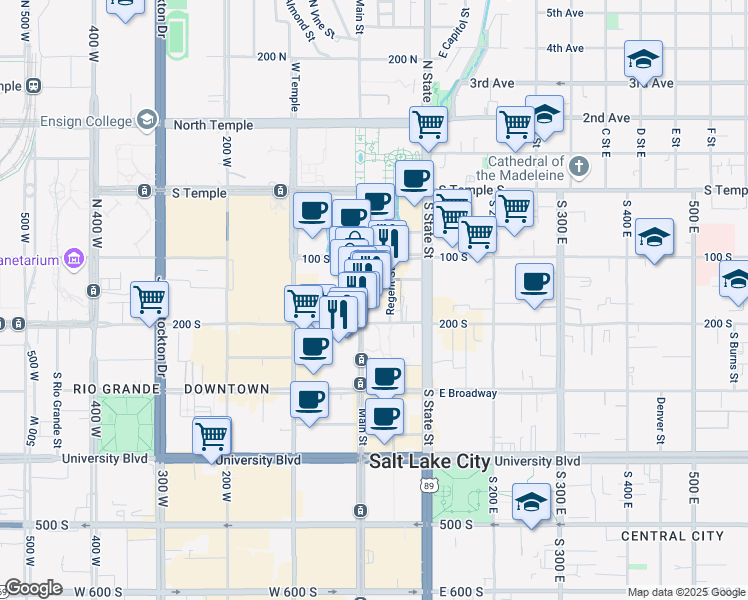 map of restaurants, bars, coffee shops, grocery stores, and more near 176 South Main Street in Salt Lake City