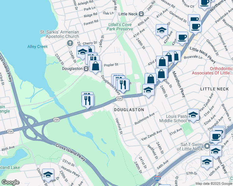 map of restaurants, bars, coffee shops, grocery stores, and more near 242-1 Northern Boulevard in Queens