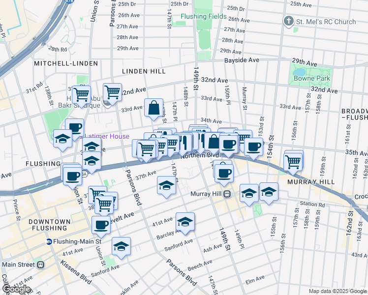 map of restaurants, bars, coffee shops, grocery stores, and more near 14720 Northern Boulevard in Queens