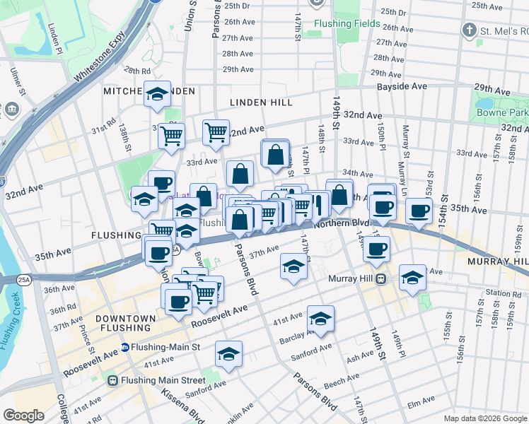 map of restaurants, bars, coffee shops, grocery stores, and more near 35-20 146th Street in Queens