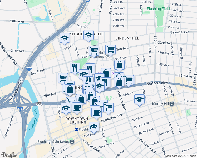 map of restaurants, bars, coffee shops, grocery stores, and more near in Queens