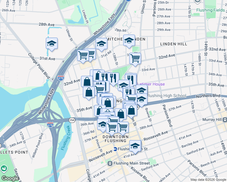 map of restaurants, bars, coffee shops, grocery stores, and more near 136-45 35th Avenue in Queens