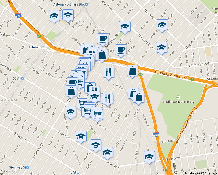map of restaurants, bars, coffee shops, grocery stores, and more near 25-19 45th Street in Queens