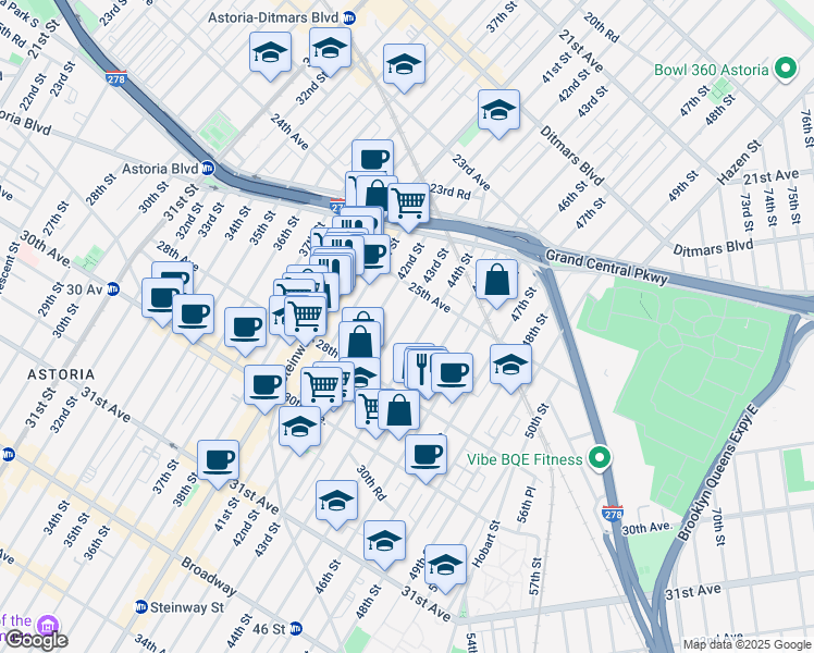 map of restaurants, bars, coffee shops, grocery stores, and more near 25-40 44th Street in Queens