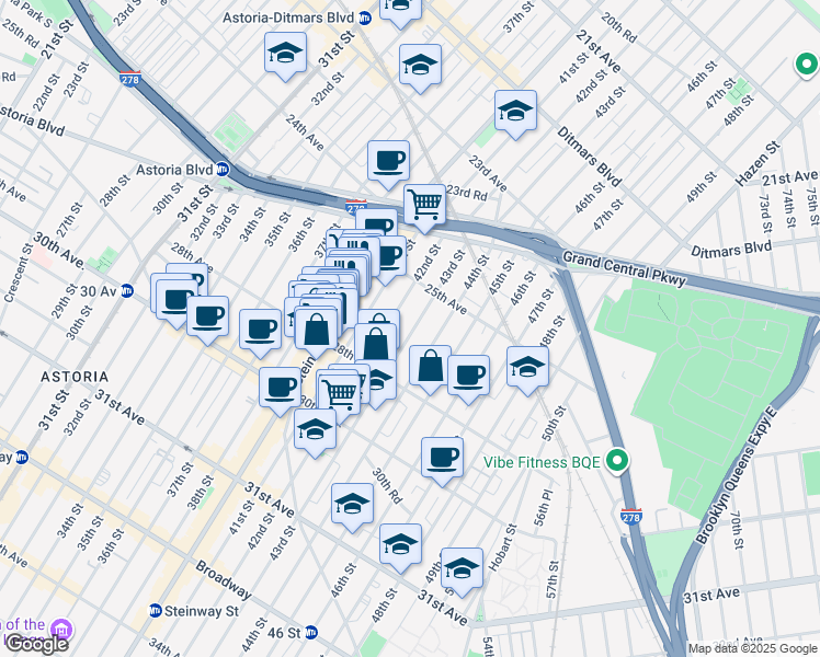 map of restaurants, bars, coffee shops, grocery stores, and more near 25-63 42nd Street in Queens
