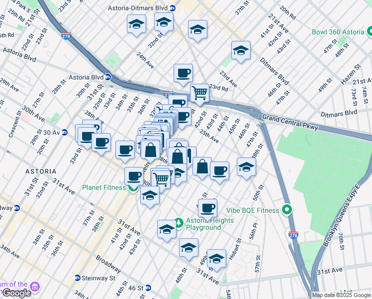 map of restaurants, bars, coffee shops, grocery stores, and more near 25-63 42nd Street in Queens