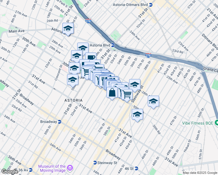map of restaurants, bars, coffee shops, grocery stores, and more near 34-14 30th Avenue in Queens