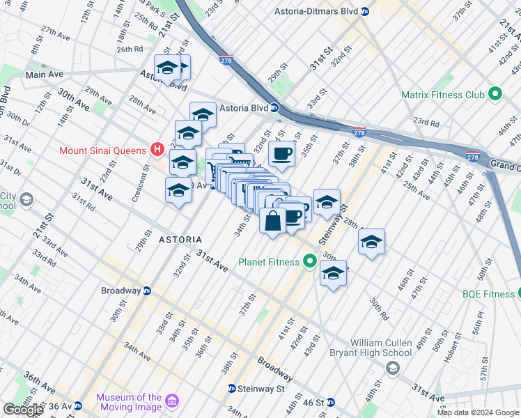 map of restaurants, bars, coffee shops, grocery stores, and more near 34-14 30th Avenue in Queens