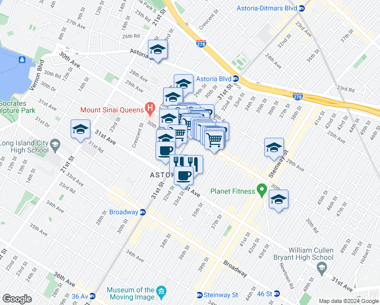 map of restaurants, bars, coffee shops, grocery stores, and more near 30-40 32nd Street in Queens