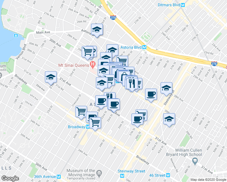 map of restaurants, bars, coffee shops, grocery stores, and more near 30-40 32nd Street in Queens