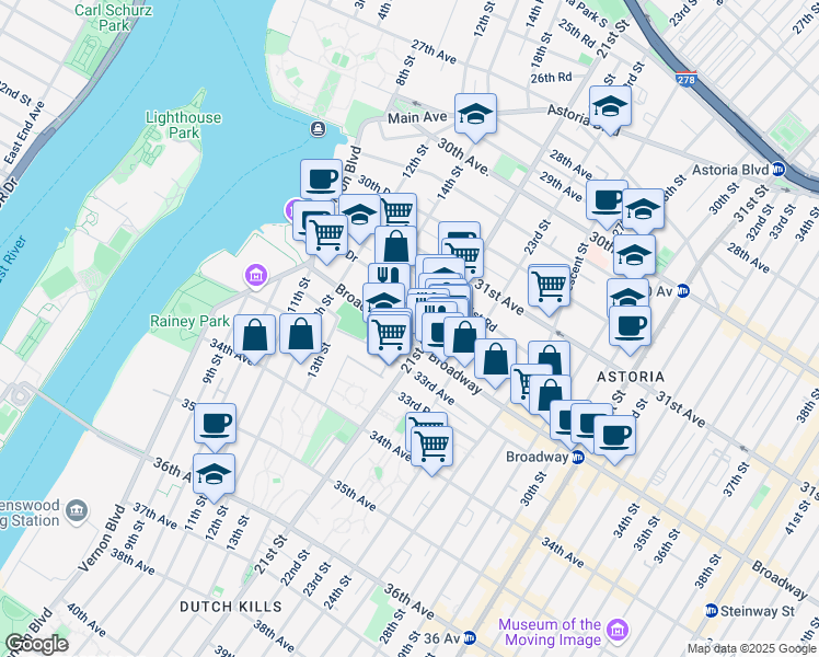 map of restaurants, bars, coffee shops, grocery stores, and more near 14-47 Broadway in Queens