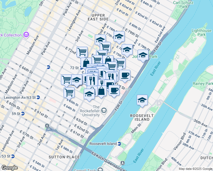 map of restaurants, bars, coffee shops, grocery stores, and more near 1283 York Avenue in New York